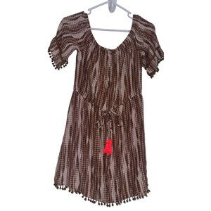 Dizzy Lizzy Off Shoulder Mini Dress Sz M Brown Tan Boho Hippie Festival